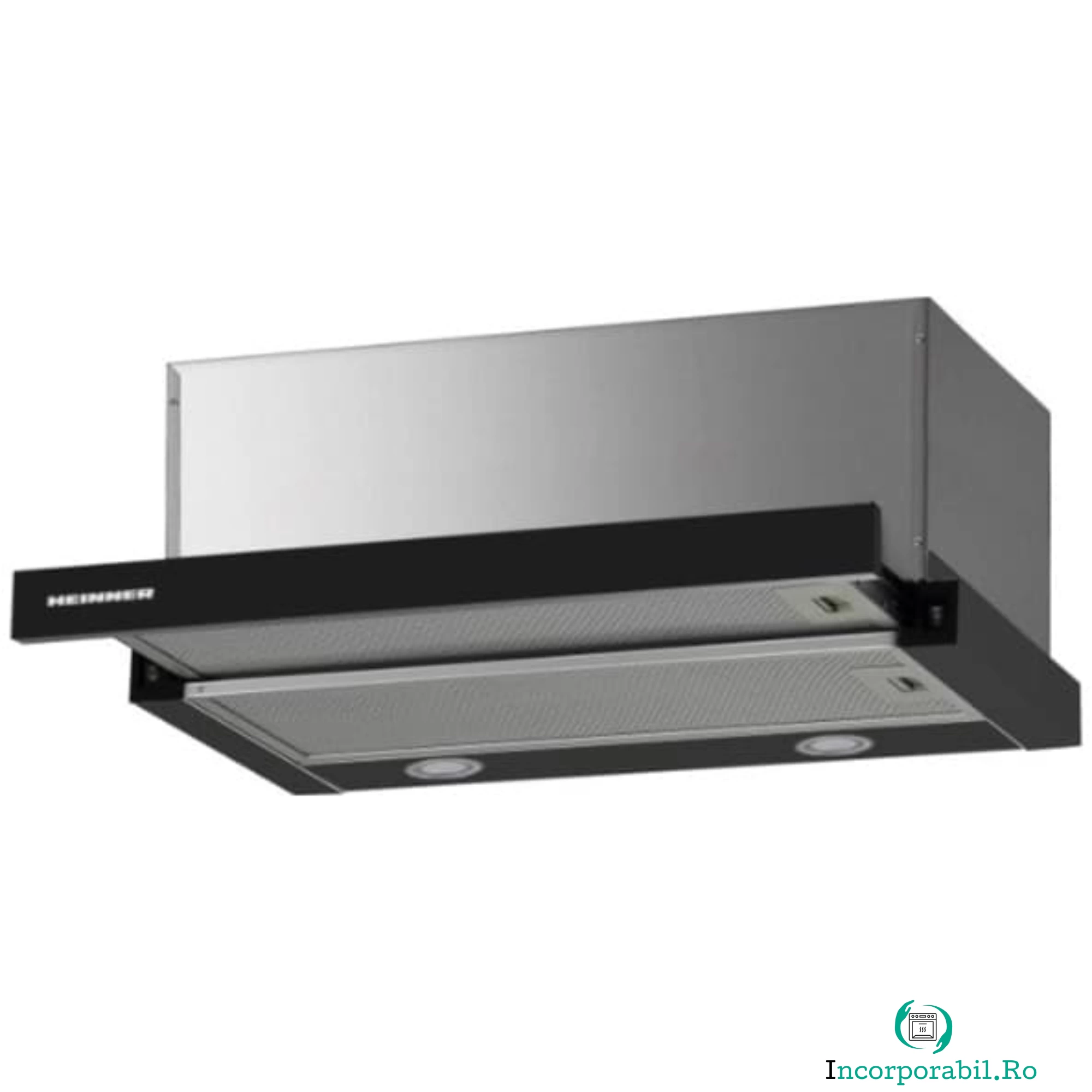 Hota incorporabila telescopica Heinner HTCH-F660GBK, Putere de absorbtie 611.79 m3/h, 1 motor, Iluminare LED, 59.5 cm, Sticla neagra 