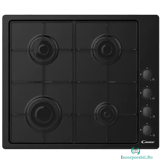 CANDY Plita incorporabila Candy CHW6LBB, Gaz, 4 Arzatoare, Aprindere electrica, Siguranta arzatoare, 60 cm, Negru