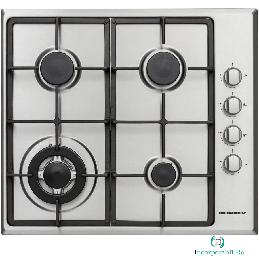 HEINNER Plita incorporabila Heinner HBH-V4IWFSCIX, Gaz, 4 arzatoare, Arzator wok, Aprindere electrica integrata, Control lateral, Gratar fonta, 58 cm, Inox