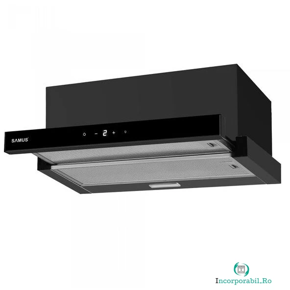 Samus Hota incorporabila Samus HS6061DTGB, 200 W, Control electronic tactil, 3 trepte, parte frontala din sticla neagra, 611 mc/h, L 60 cm, Negru la 498.99 lei ron
