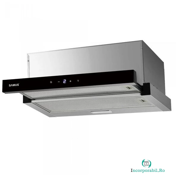 Samus Hota incorporabila Samus HS6061DTGX, 200 W, Control electronic tactil, 3 trepte, parte frontala din sticla neagra, 611 mc/h, Inox la 467.99 lei ron