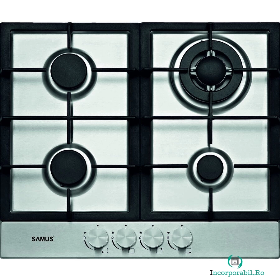 Samus Plita incorporabila Samus PSG-64SX2, 4 arzatoare pe gaz, Sistem de siguranta, Gratar fonta, Arzator Wok, Inox