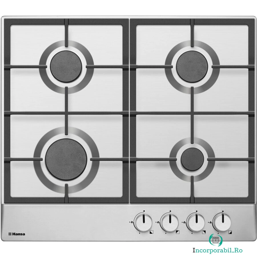 hansa Plita incorporabila Hansa BHGI610502, Gaz, 4 arzatoare, Aprindere electrica, Gratar fonta, 60 cm, Inox
