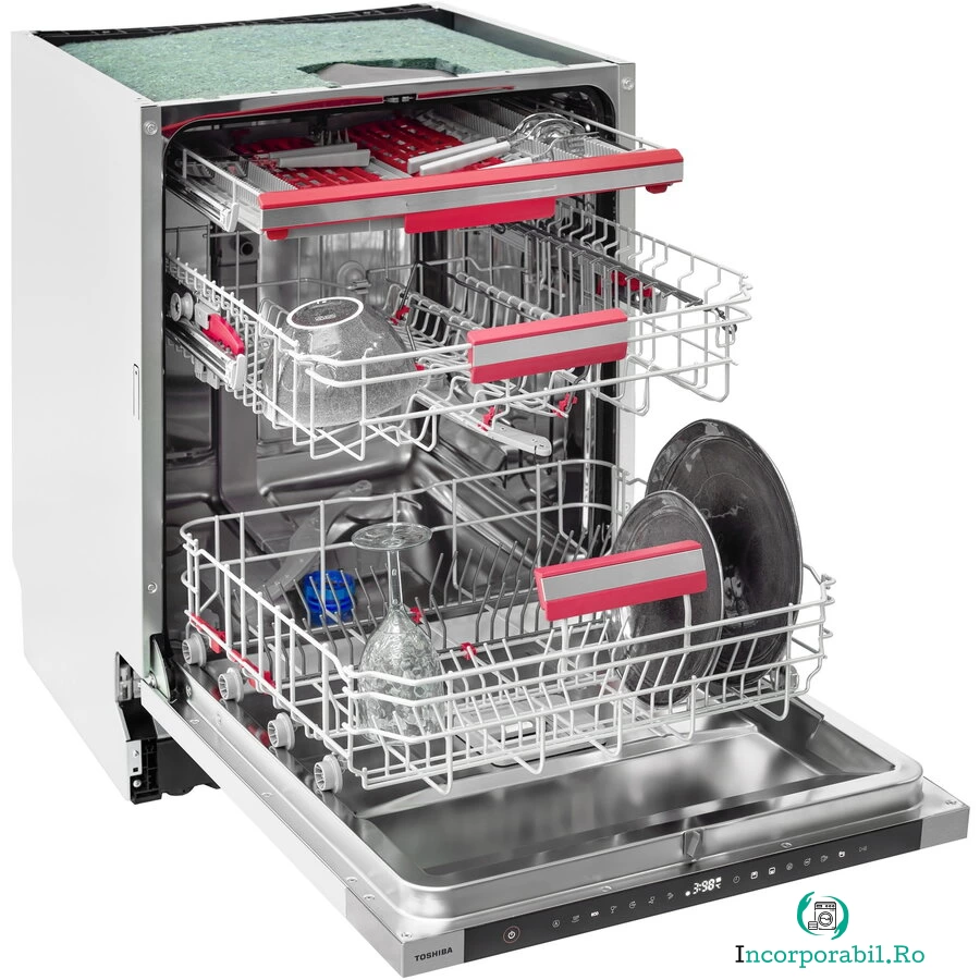 Toshiba Masina de spalat vase complet incorporabila Toshiba, 60 cm, 15 seturi, clasa C, Display Touch control, AquaStop, Filtru AntiBacterian, 7 programe, 3 functii, Gri